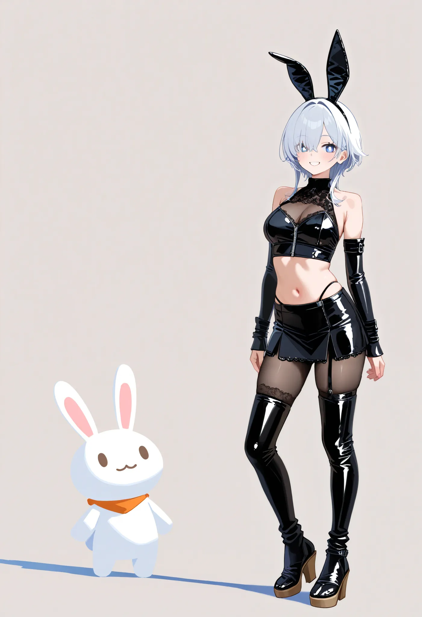 no lineart,Minimalism,,bright pupils,loosesocks、white black、 chibi,、knees、、black tights、bunny girl,super realistic,high quality,Detailed,4K rendering,white studio background with,Smiling face,rabbit in a bodysuit,wearing a traditional Japanese clothes, sak...