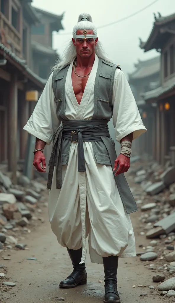  Fantastic　realistic footage　Street of collapsed buildings　White Haori　grey vest white leather long pants　Bandages on the wrists of both hands　A horse wearing black long boots, muscular, tall, and a cool red face　White shoulder-length hair　white band on th...