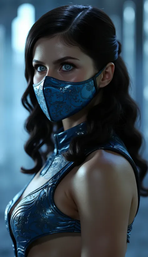 Here's a prompt detailed to generate a super realistic image of Alexandra Daddario as Kitana, with a shiny metal mask and details blue, focused on the upper body: "Hyper-realistic Close-up of Alexandra Daddario as Kitana, the warrior of * mortal kombat*. S...