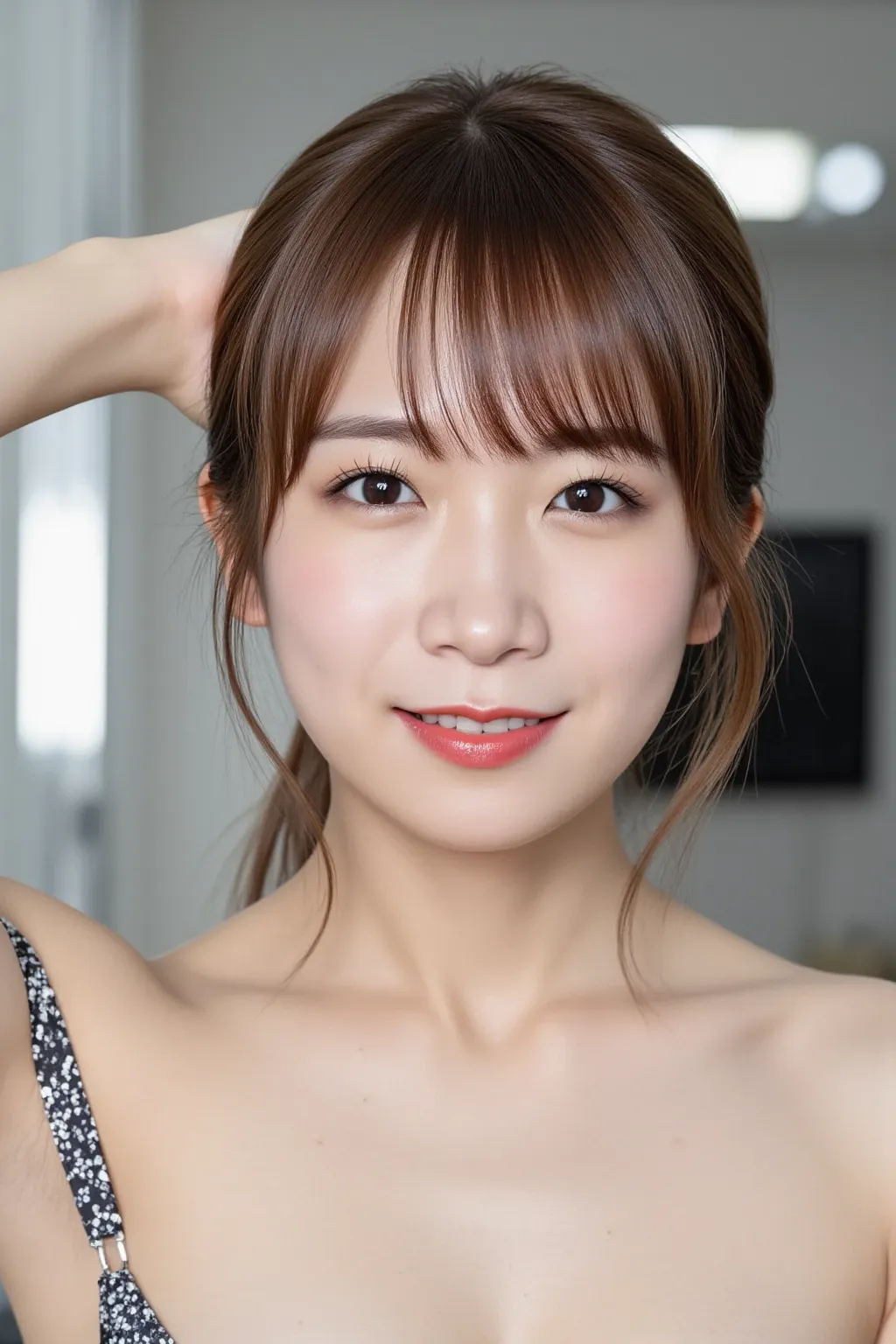  a high-resolution photo of a Japanese actress, 8k, RAW photo, nsfw, (best quality, masterpiece),(realistic, PHOTOREALISTIC:1.2), complicated details, cinematic lighting, portrait, Alone, Attractive Woman, smile, cute face, detailed face, Detailed and Attr...