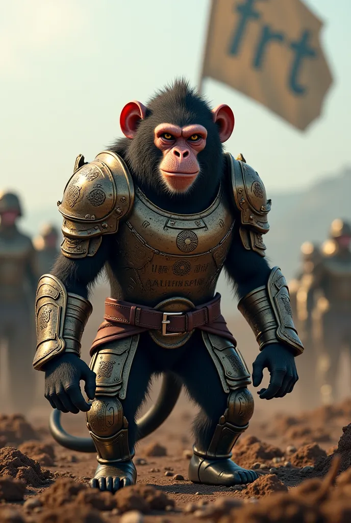 Creer une image realiste d'un singe qui porte une armure avec ecrit Walkiki. Il se trouve sur un champ de batailles et il y a une bannière avec écrit FRT.