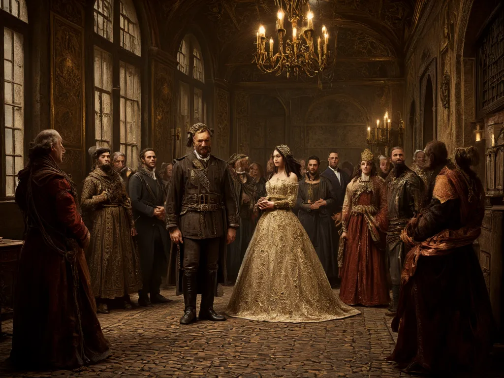 Wedding scene between John VI and Carlota Joaquina, He standing, anxious and clumsy, while she,  a , looks uncomfortable and impatient, surrounded by members of the nobility in a luxurious palace.