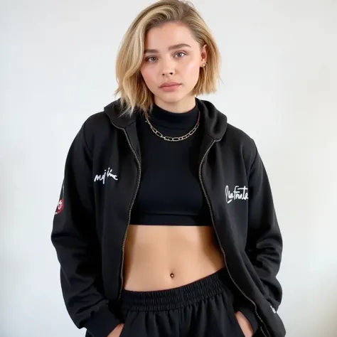 Chloe Short Hair abs muscle wears a black two piece hoodie flirt ultra detailed