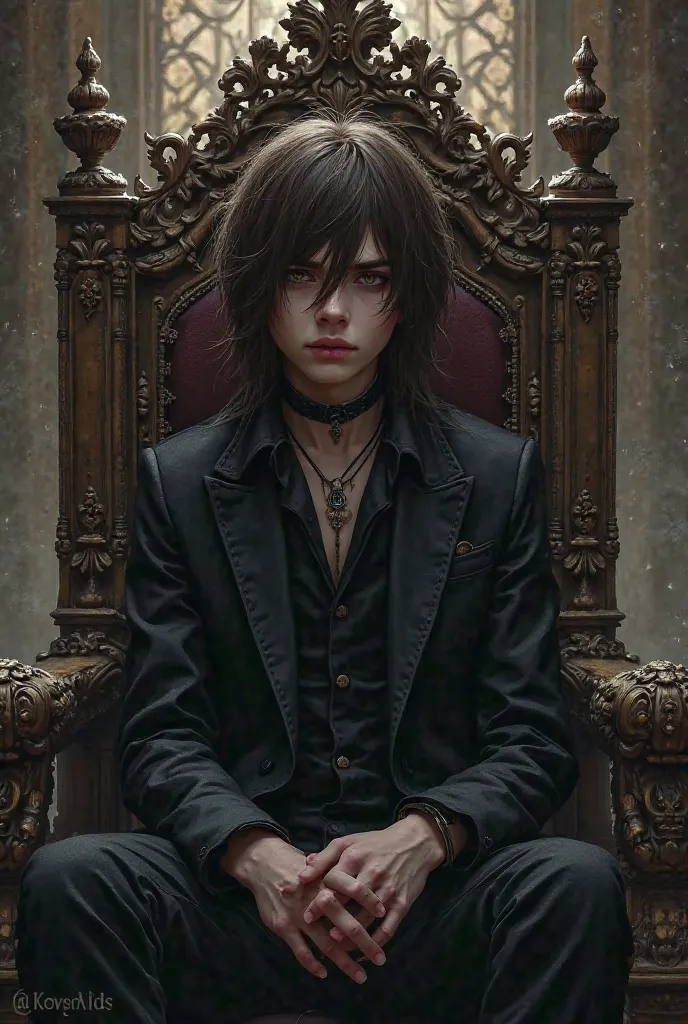 create a short, thin boy with fair complexion, brown hair and long up to half the neck, light brown eyes, with emo style clothes/Goth.
sitting on a throne posing and looking like an evil queen 