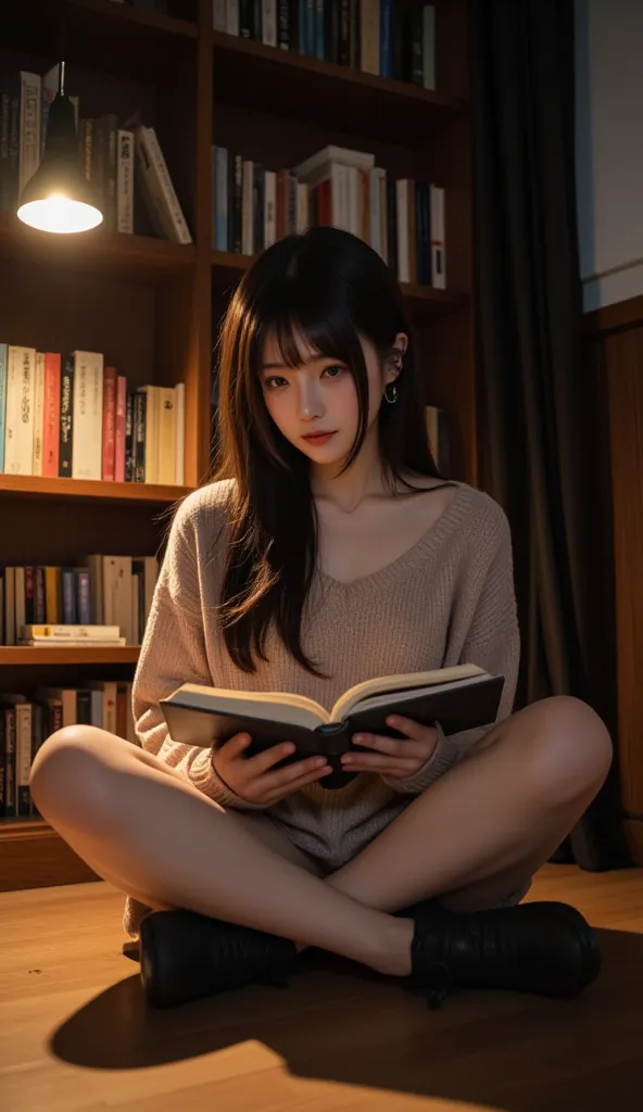 A beautiful young Japanese woman sits in a relaxed ‘taiiku-suwari’ position, leaning gently against a large wooden bookshelf filled with countless books. She is deeply engrossed in reading, her delicate fingers lightly holding the pages. The dimly lit room...