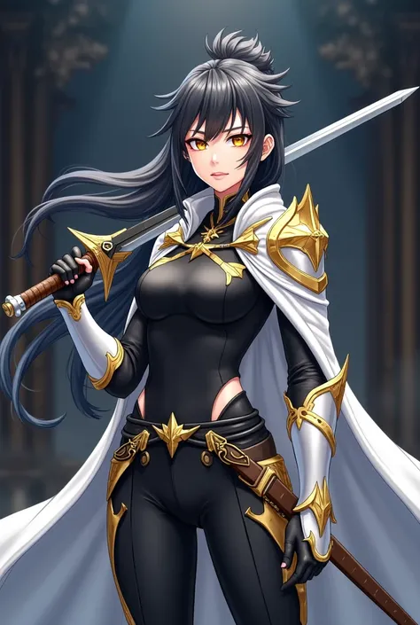 (artwork, maximum quality, best quality,  official art ,  beautiful and aesthetic:1.2)  female, Elfa from anime, long black spiked hair, golden eyes,  white and gold armor, wearing white cape, black and gold , black t-shirt and pants ,  wielding a white sw...