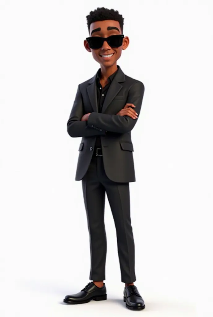 Wide angle shot of 2D cartoon dark skinned african American young man full body, 22years old. The young man is slim but tall and  is on a low hair tapper fade haircut, wearing a black shirt, and a black texado suit over the shirt, black formal shoes and bl...