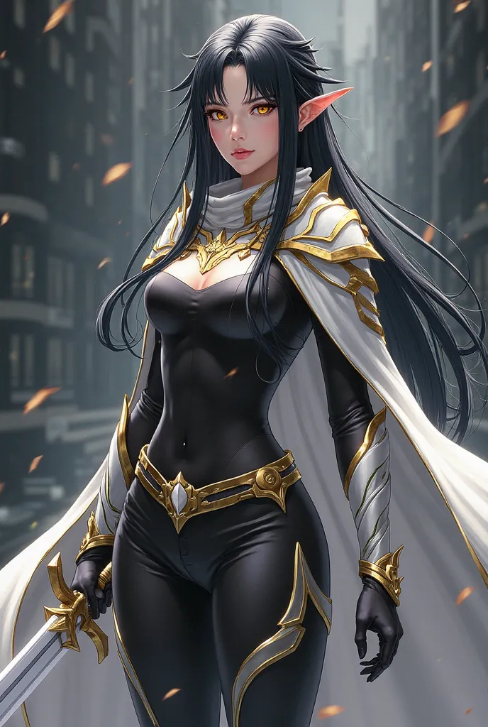 (artwork, maximum quality, best quality,  official art ,  beautiful and aesthetic:1.2)  female, Elfa from anime, long black spiked hair, golden eyes,  white and gold armor, wearing white cape, black and gold , black t-shirt and pants ,  wielding a white sw...