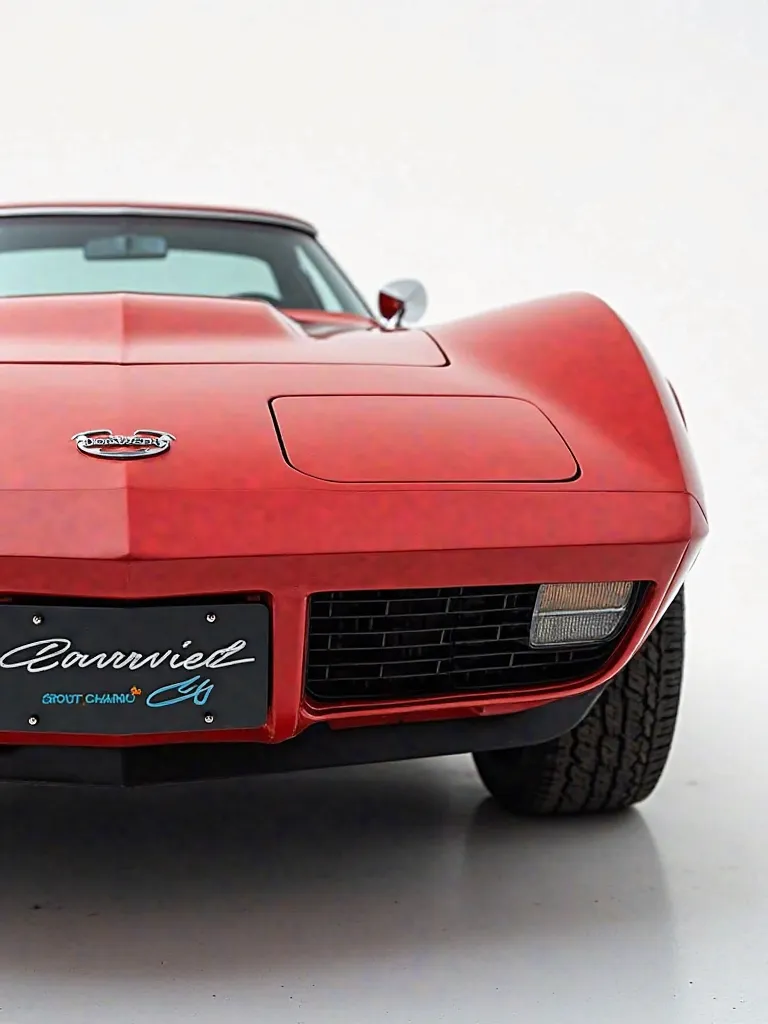 A highly detailed, front-realistic image of the full front bumper view of a vintage 1970 Chevrolet Corvette C4. The car is painted in a glossy, classic Red finish, reflecting its bold, aerodynamic design. The right bumper is prominently displayed, featurin...