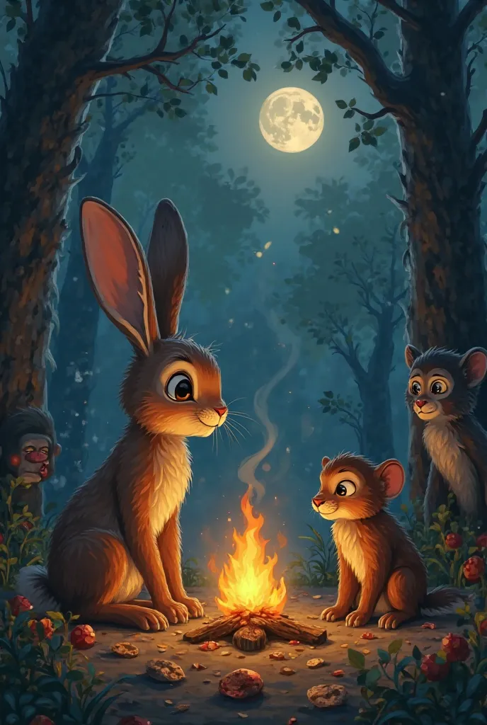 The rabbit , sitting in front of a campfire, regardant les flammes, while the monkey and the fox watch it sadly.
