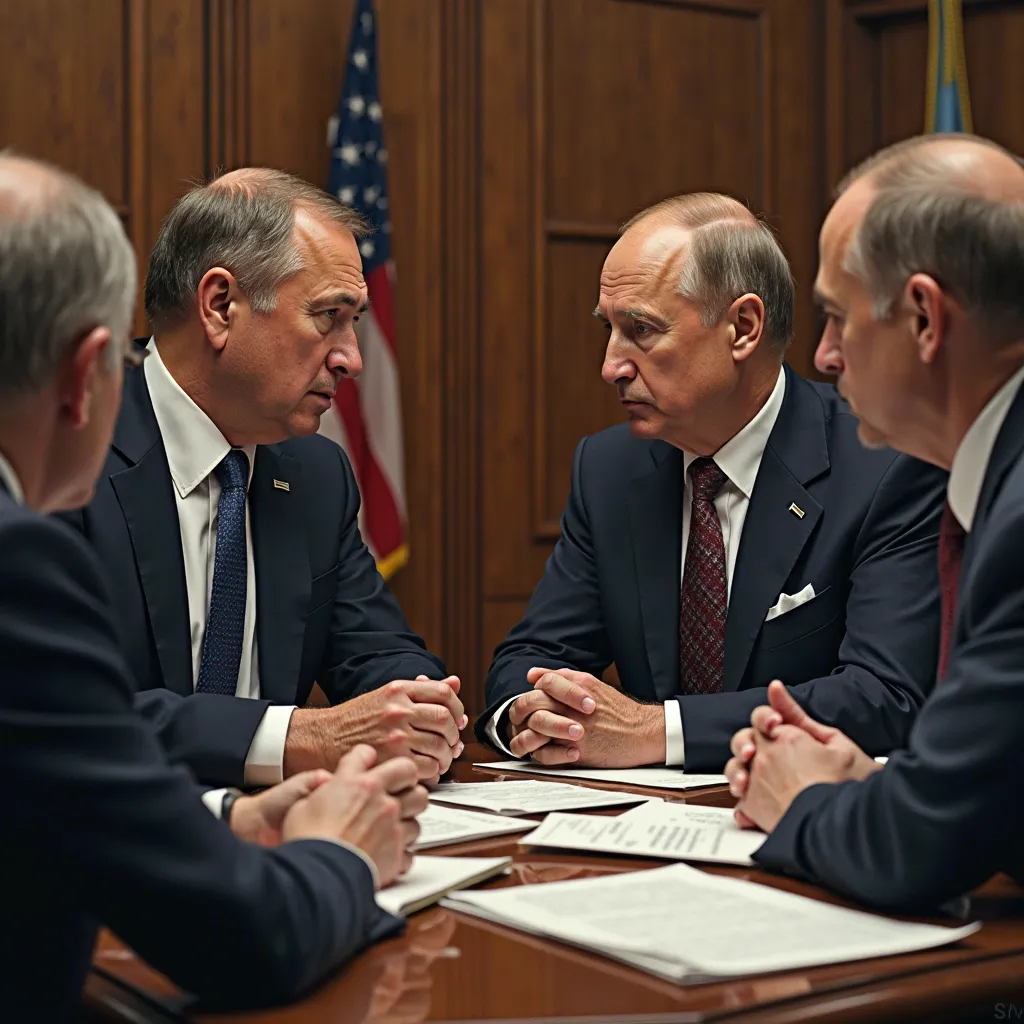 American and Russian diplomats, nervous, in a meeting room. 