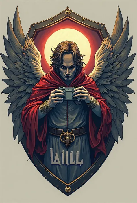 Create a 2D logo with a Templar shield as a base, in the middle of it, Put a battle angel with a video game controller in your hand, And at the bottom place the writing [WILL].  The color of the logo and angel refer to heaven. logo because Willian is there...