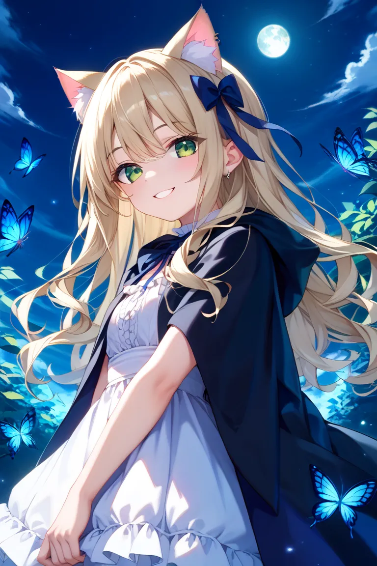 masterpiece、Top Quality、Super Detail、High Resolution、(beautiful girl、Cat ears、 Witch、Cute Face、 platinum blonde hair、green eyes、Black Cloak、Gothic Lolita dress)、moonlight、night、Fairy Forest 1.4、Butterflies flying around、(soft smile)、anime style、(long hair、...