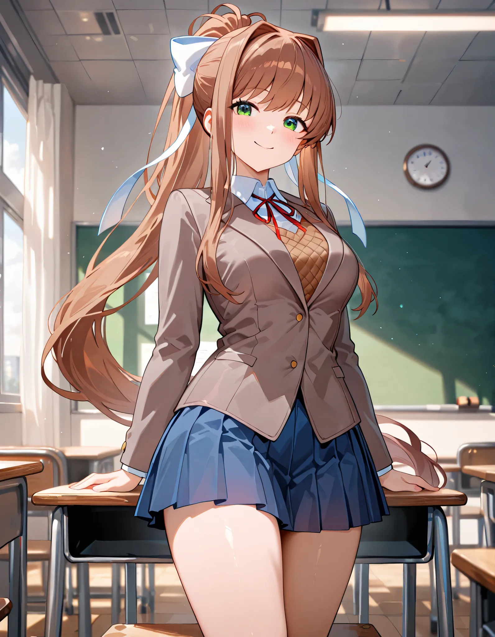 masterpiece, best quality, Monika, Monika (ddlc), doki doki literature club, hd, detailed green eyes, brown hair, very long hair, ponytail, hair ribbon, white ribbon, school uniform, brown blazer, brown sweater, closed jacket, collared shirt,red neck ribbo...