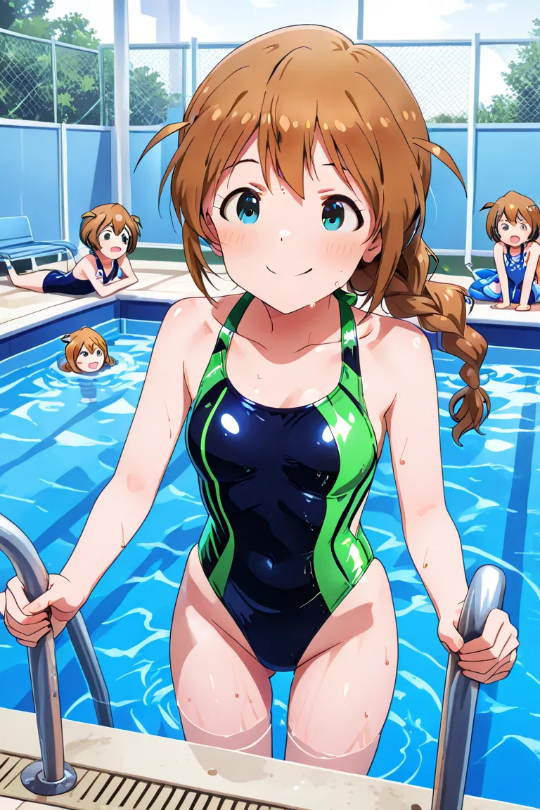 Idolmaster million live with baba konomi,acid synchronized swimsuit,standing up positive,school pool,only girls