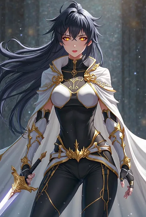 (artwork, maximum quality, best quality,  official art ,  beautiful and aesthetic:1.2)  female, Elfa from anime, long black spiked hair, golden eyes,  white and gold armor, wearing white cape, black and gold , black t-shirt and pants ,  wielding a white sw...