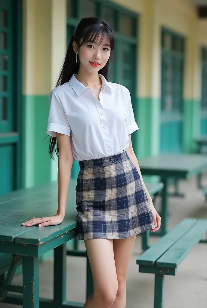 Real photos High-quality Realistic of thai woman, Beautiful girl (((large breast , big breast , nsfw))) , Best Quality, 20 years old thai girl in a school uniform astanding near a green metal table,  She is wearing a white shirt(((large breast , big breast...