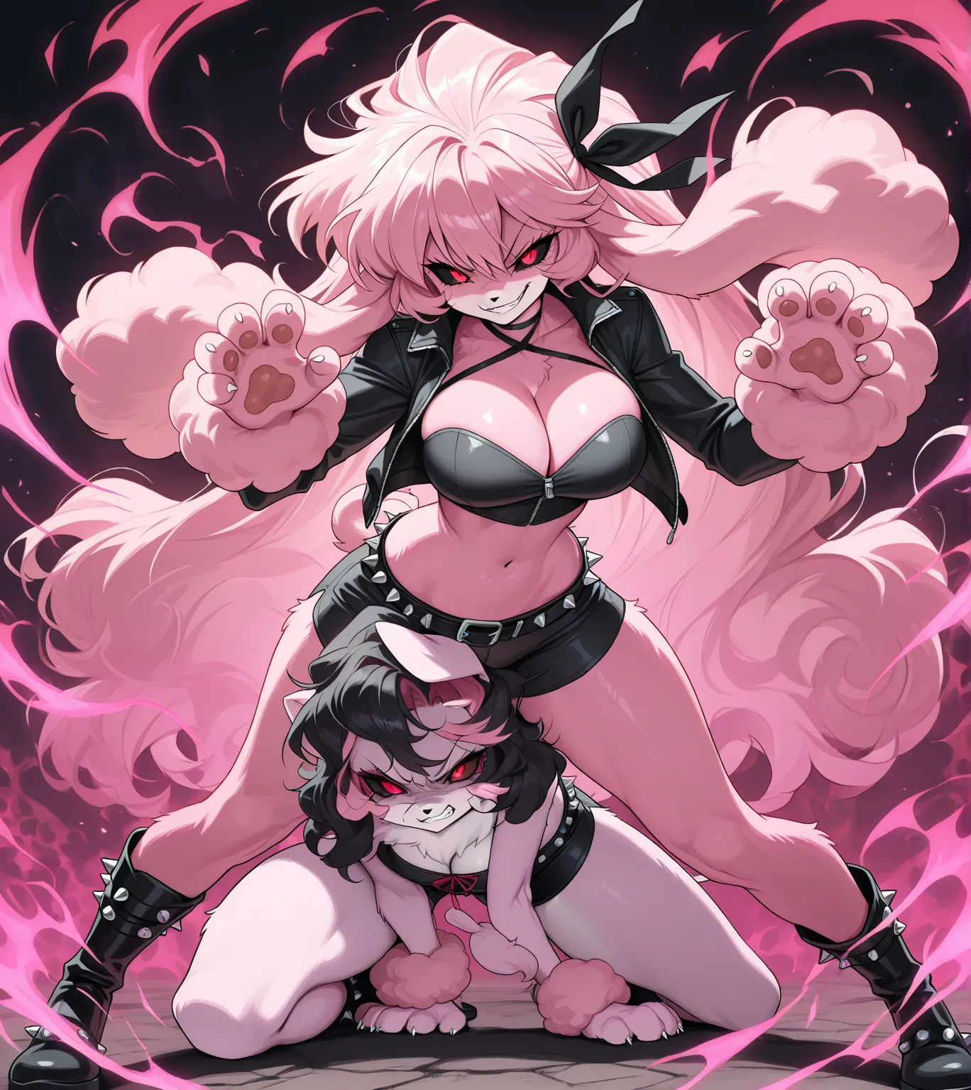 Anime, high detailed, 5 furry girls, anthro poodle, extremely long hair, angry eyes, evil grin, red eyes, colored sclera, black sclera, pink fur, large breasts, jacket, cleavage, Ribbon, exposed abdomen, spiked belt, Paw-like hands, tall, short shorts, spi...