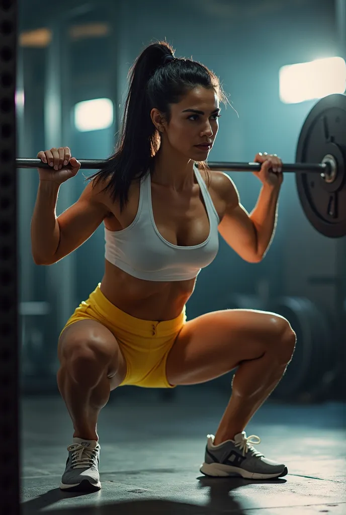 She's at the gym, wearing a yellow biker short and a white cropped top, that perfectly shape her body. Her black hair is tied in a ponytail, while she holds the bar firmly over her shoulders. With her feet well positioned and her eyes focused on the mirror...