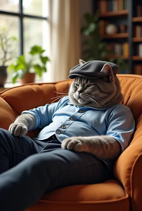 image rich in detail and ultra realistic quality of a gray cat in the living room , He wears clothes and cap, the color of the image is clear and sharp 