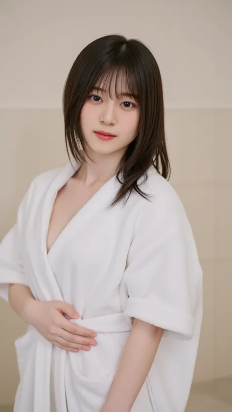 solo, High Resolution, masterpiece, anatomically correct, Top Quality, Ultra High Definition, textured skin, woman、big breasts、4K、blurred background、(((My hair is getting drenched))),  after taking a bath、(((white bathrobe with open front))), upper body sh...