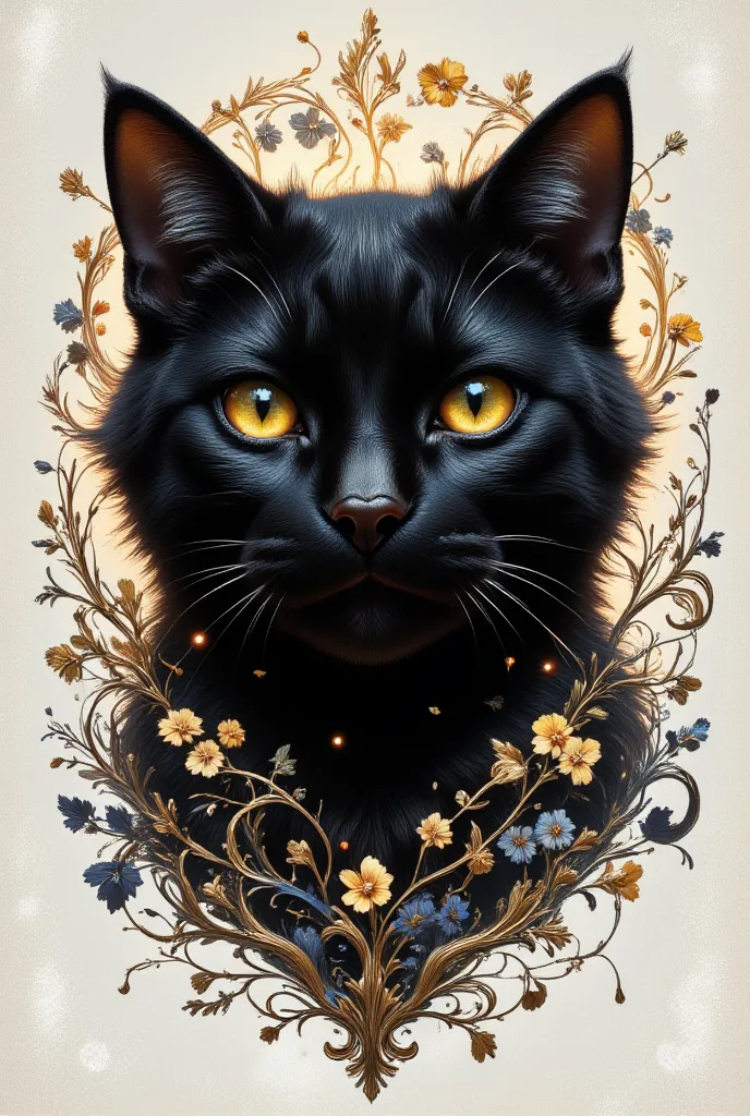 A visually striking representation of a black cat's face, characterized by its intense golden-yellow eyes that draw viewers in. The cat's black fur is meticulously detailed, contrasting beautifully against the light, subtly textured background. Surrounding...