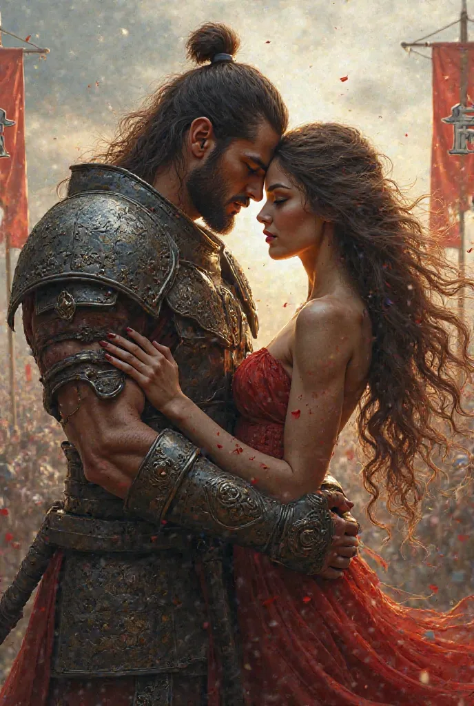 Create a realistic image of a very beautiful woman with long hair who is embracing a muscular warrior who, for one armour with Ippa written on it and last is a banner with FRT written on it