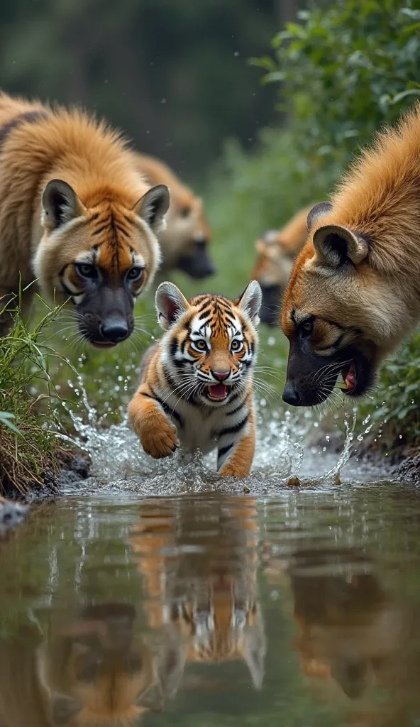 An ultra cinematic 8k scene of a lot of hyenas attacking a small tiger cub near to pond