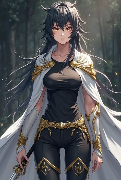 (artwork, maximum quality, best quality,  official art ,  beautiful and aesthetic:1.2)  female, Elfa from anime, long black spiked hair, golden eyes,  white and gold armor, wearing white cape, black and gold , black t-shirt and pants ,  wielding a white sw...