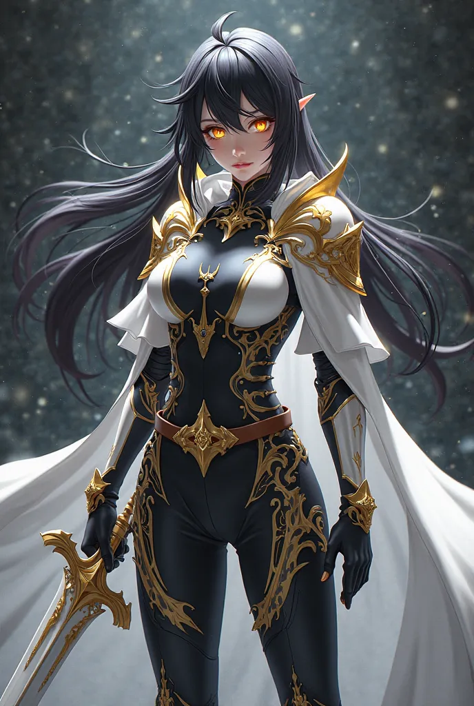 (artwork, maximum quality, best quality,  official art ,  beautiful and aesthetic:1.2)  female, Elfa from anime, long black spiked hair, golden eyes,  white and gold armor, wearing white cape, black and gold , black t-shirt and pants ,  wielding a white sw...