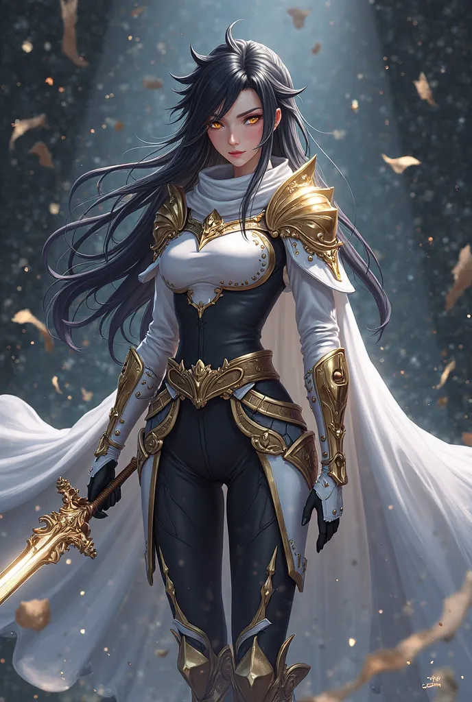 (artwork, maximum quality, best quality,  official art ,  beautiful and aesthetic:1.2)  female, Elfa from anime, long black spiked hair, golden eyes,  white and gold armor, wearing white cape, black and gold , black t-shirt and pants ,  wielding a white sw...