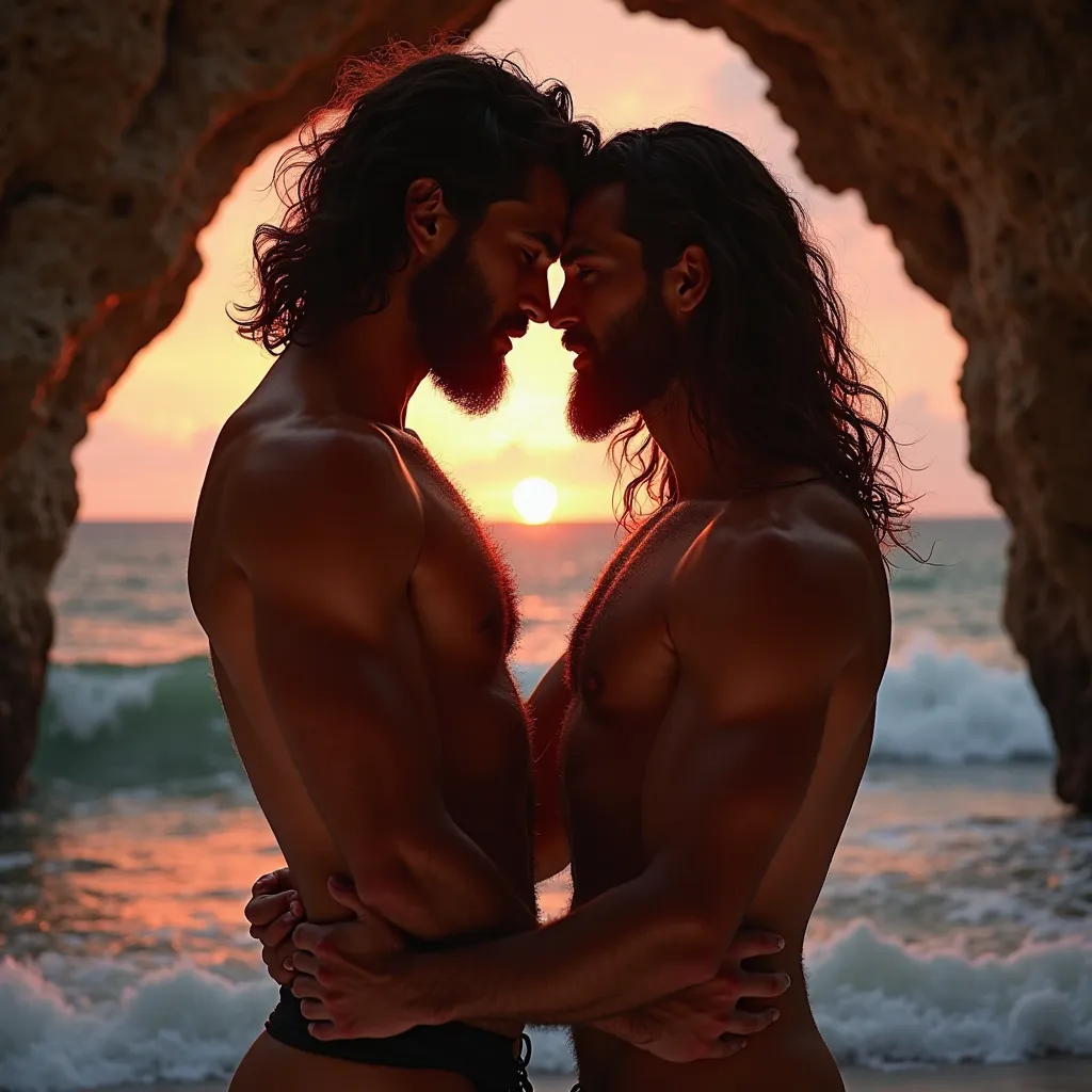 Two handsome men with beards, The two men look at each other with a lot of lust with their eyes closed , her sensually shaped body , inside a cave on the beach with the waves of the sea with orange and red light are visible,  with two tall men , two romant...