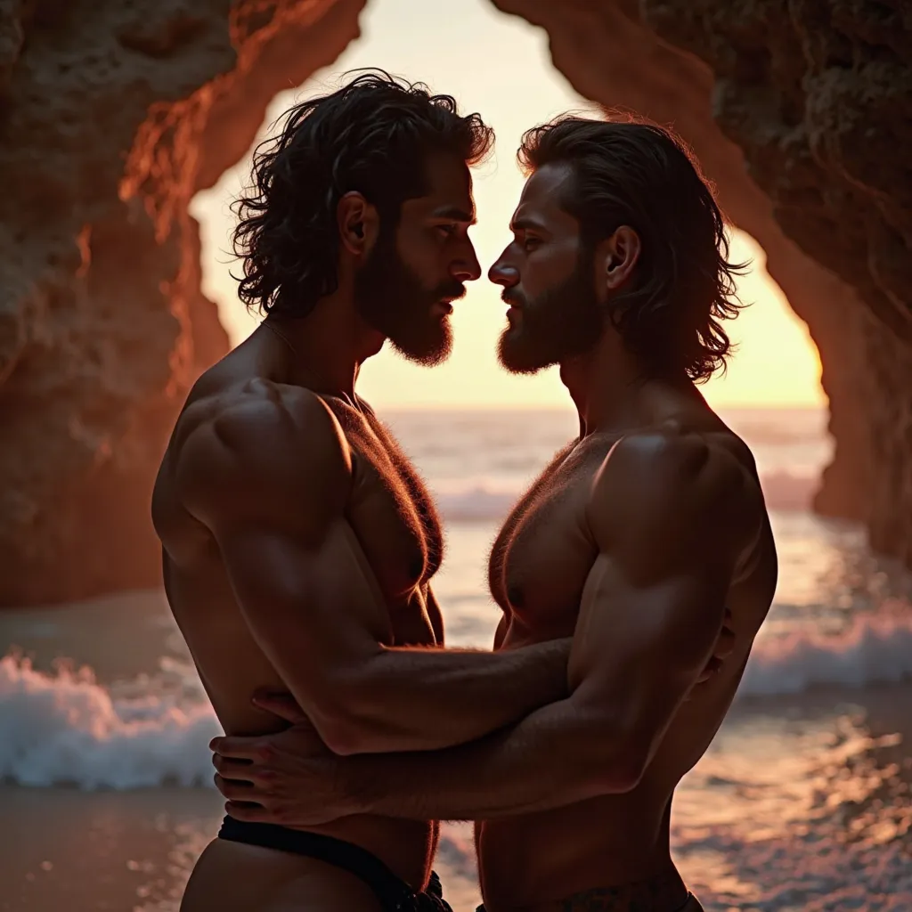 Two handsome men with beards, The two men look at each other with a lot of lust with their eyes closed , her sensually shaped body , inside a cave on the beach with the waves of the sea with orange and red light are visible,  with two tall men , two romant...