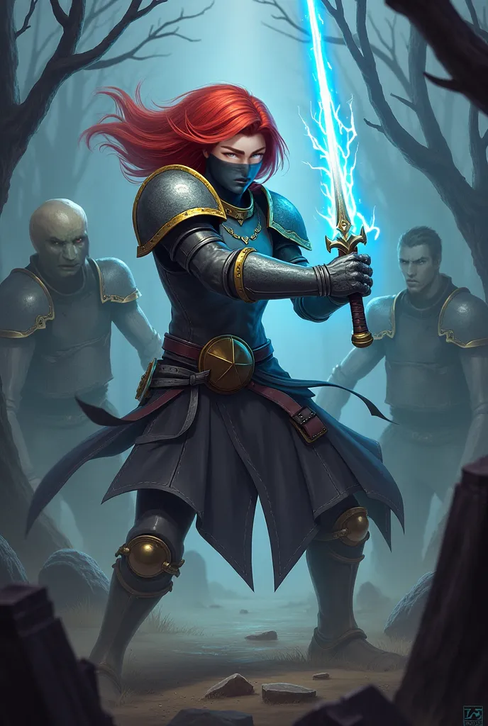 A red-haired warrior, mask with a gray armor with a gold border, wearing a mask that only covers your mouth, using a blue sword with energy, Killing skeletons in a dark graveyard.