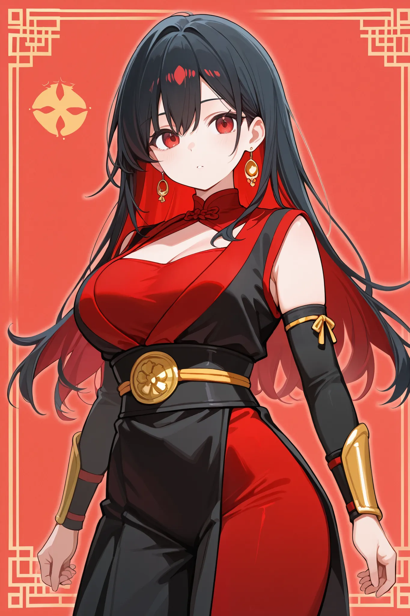 1 girl, Hair length reaches the back, Black hair with some red hair on the edges., red eyes, but not bright, curvy body, wear a sexy samurai outfit, หน้าอกไซส์ปานกลาง, have a golden earrings