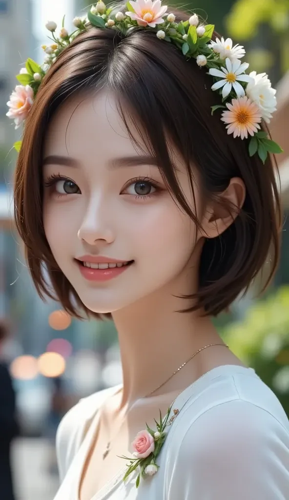 gadis tanaman cantik, Dewa Pohon, rambut hijau, ada cabang dan daun di kepala, wajah jernih dan halus, close-up wajah, bust photo, mengenakan pakaian, detailed portrait, beautiful forest deity, intricate floral crown, serene expression, soft skin, cinemati...