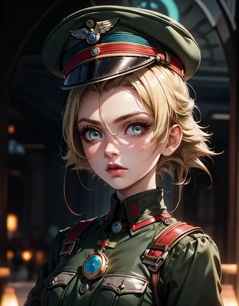 masterpiece　Very detailed　aldult　Ultra-high resolution　Higher resolution　Highest quality　Super detailed　Vivid Color　detailed woman　High quality　Nazi's Army costume　 Army hat　8k　Gal with light makeup　Big eyes　((Rainbow Eyes))　Blonde　((Short Hair))　ponytail　...