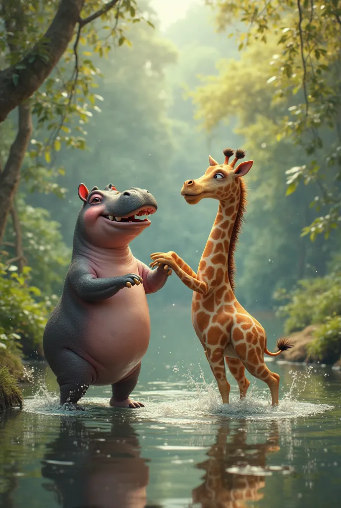 Hippopotamus dancing with a giraffe 