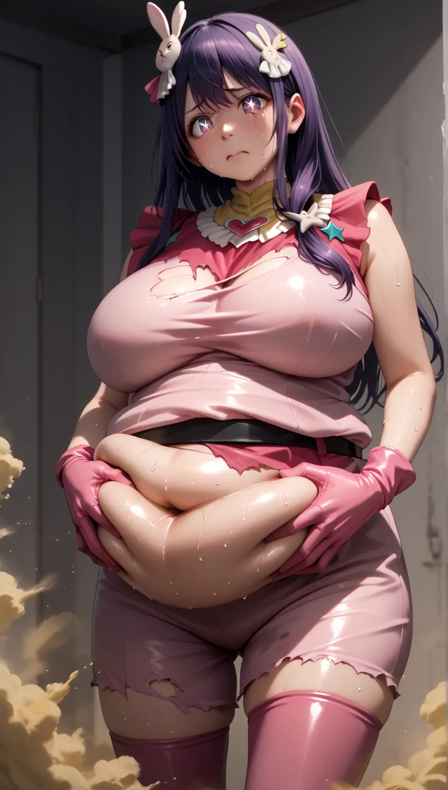 aihoshino, rabbit hair ornament, star-shaped pupils
pink dress, sleeveless dress, pink gloves, pink thighhighs, belt, huge breasts, extremely fat belly, , grab belly, (fat shame: 1.2), detailed face, (sweat:1.4), very sweaty, very sweaty body, very love ju...