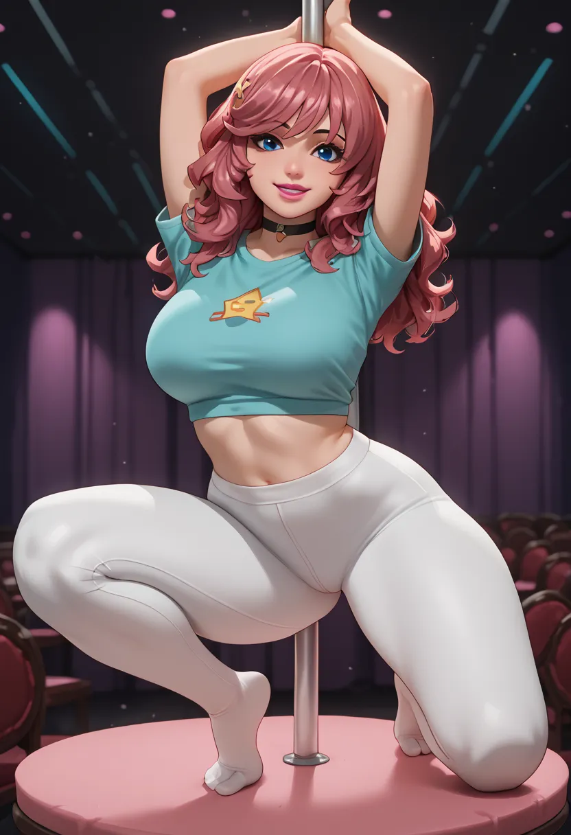  (8k, best quality, masterpiece:1.2), (anime), ultra-detailed, 1 girl,cute, solo, ,beautiful detailed blue eyes, medium wavy hair, ,bangs , smiling, looking at viewer, ,dark pink hair, lips, pink lipstick, , , big breasts, voluptuous, wide hips,busty, cyan...