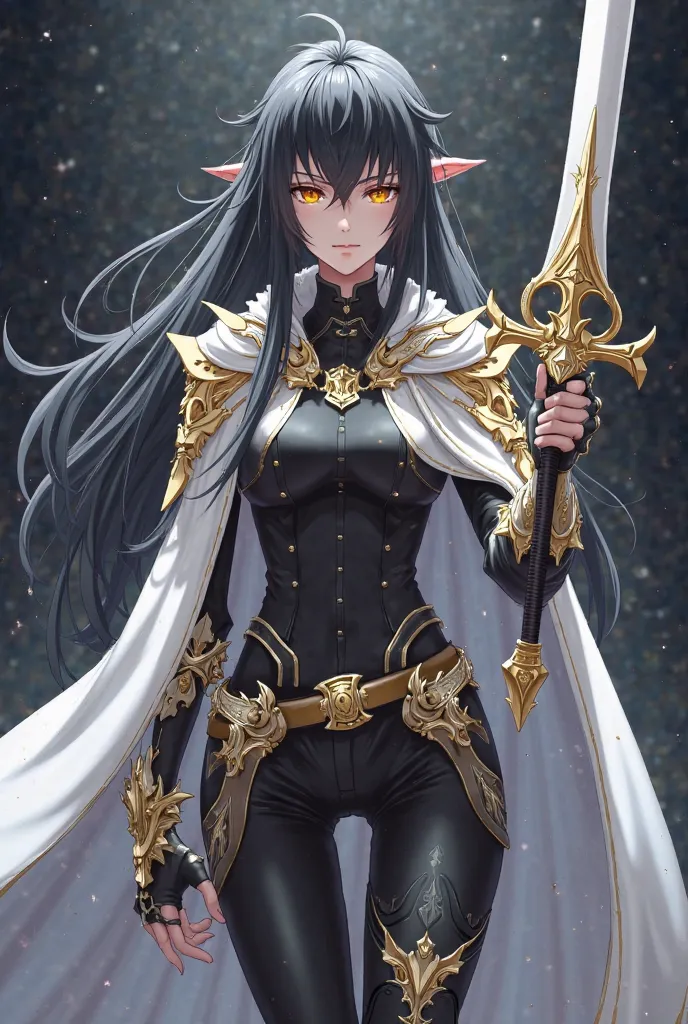 (artwork, maximum quality, best quality,  official art ,  beautiful and aesthetic:1.2)  female, Elfa from anime, long black spiked hair, golden eyes,  white and gold armor, wearing white cape, black and gold , black t-shirt and pants ,  wielding a white sw...