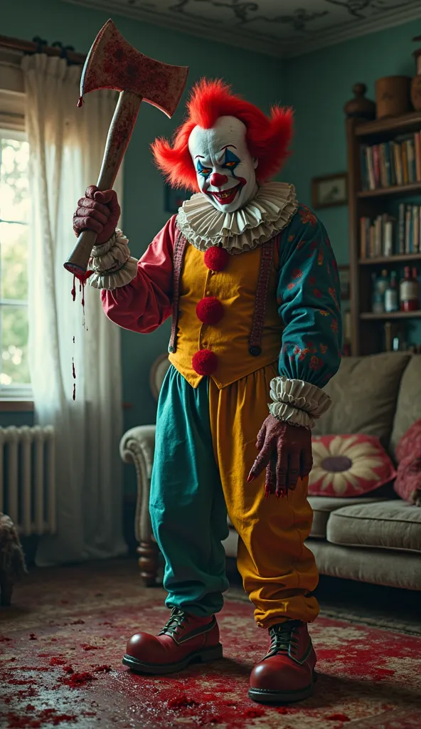 Evil Clown holding a bloody axe and a large hammer . inside a lounge room