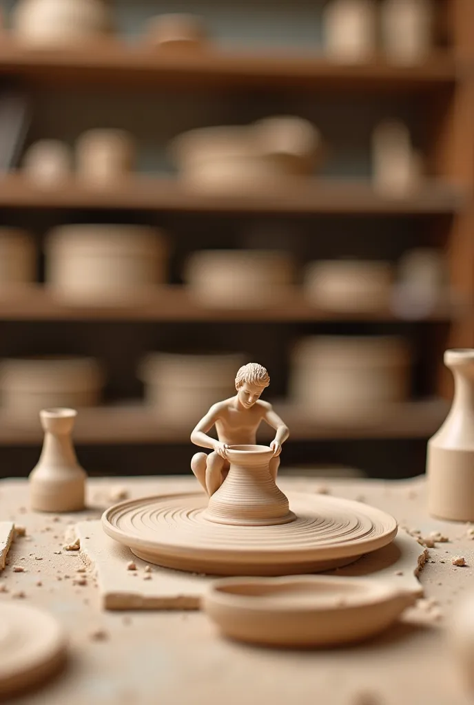 “A tiny figure of a pottery artisan working on a pottery wheel, preparing raw clay. The artisan has small hands, shaping the clay with precision. The background shows shelves with various pottery tools and raw clay. The figure is focused on the wheel, gent...