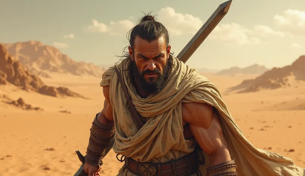 A dramatic scene in the desert shows a fierce man holding a sword and giving hate-filled looks.