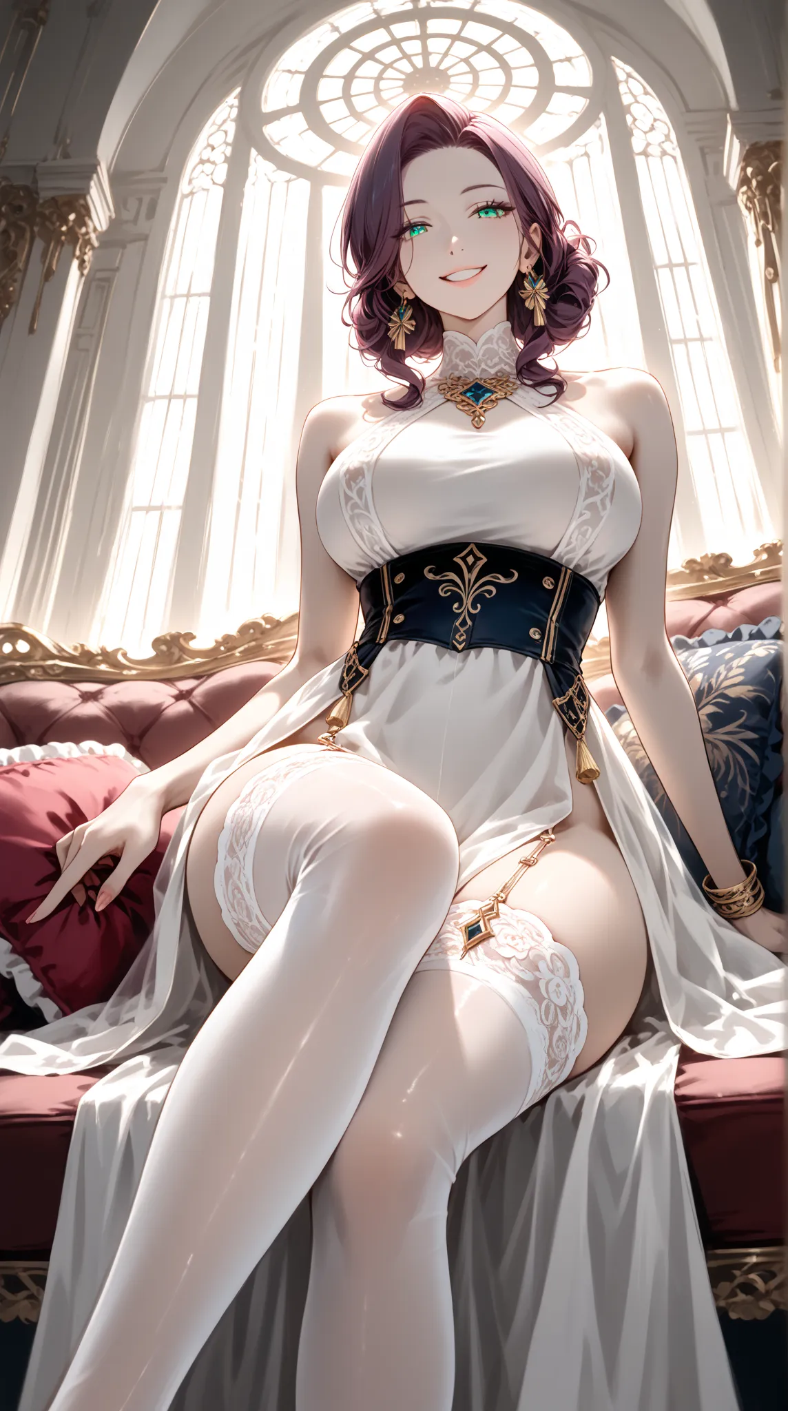 Masterpiece, best quality, ultra-detailed, 8K anime illustration, cinematic lighting, a stunning young woman with long, silky hair sitting elegantly on a luxurious velvet sofa, (thigh-high stockings with intricate lace trim, sheer yet smooth fabric, gentle...