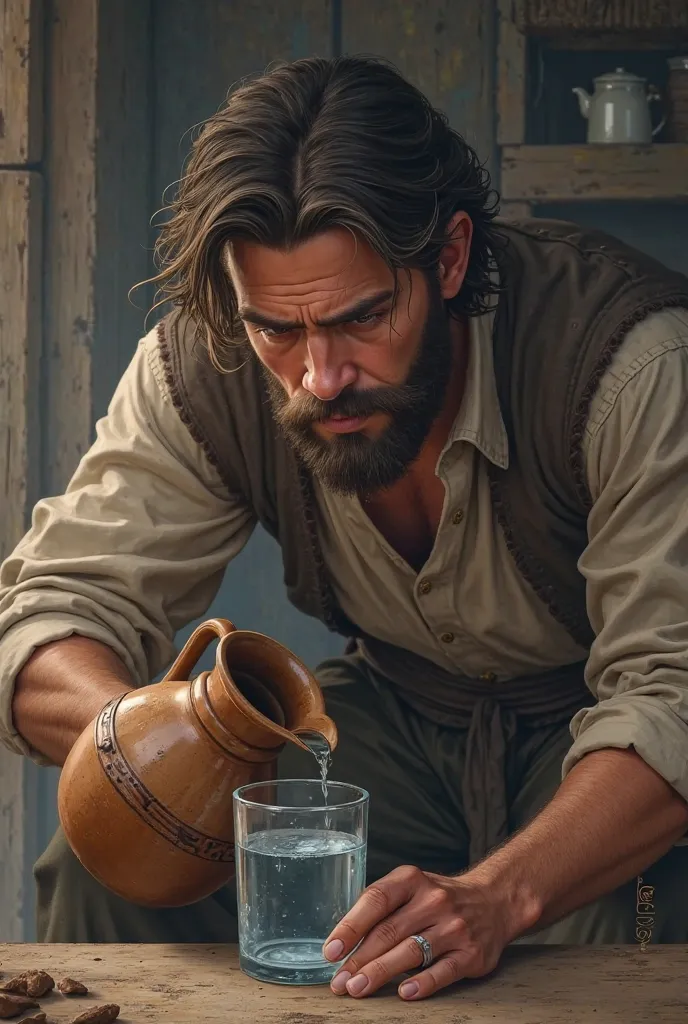 Young man with medium beard with a jug full of water about to fill his glass with water from the jug and looking worried