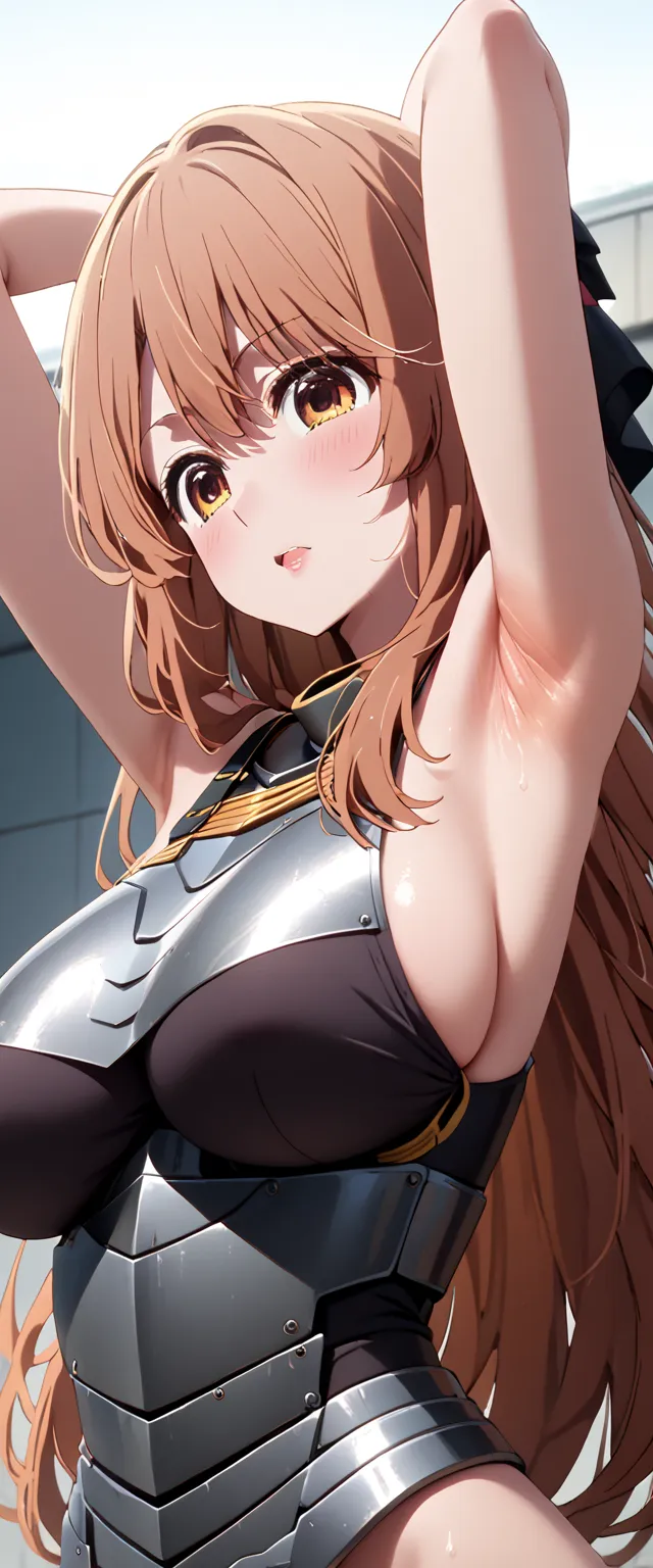 (Top Quality、greatest masterpiece、detailed、4K)、one woman、Age 34、(((SAITO MIYAKO)))、((dark orange hair))、long hair、(((super big boobs)))、 completely naked、Beautiful armpits、(( arms behind your head))、((Armpit Zoom))、((ハイレグarmor))、armor