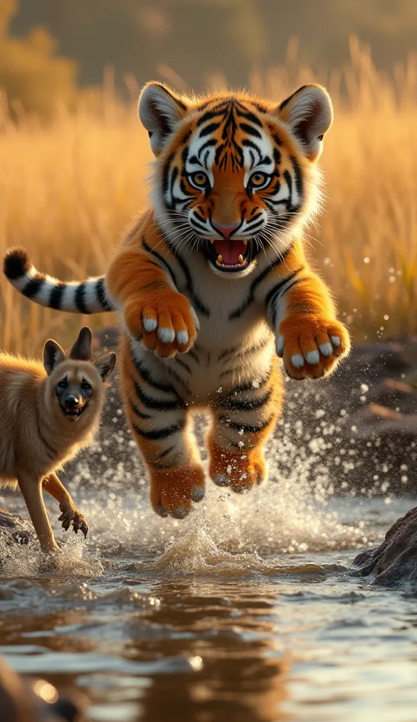 An ultra cinematic 8k scene of “A highly detailed, dynamic digital painting of a baby tiger and a hyena in mid-air confrontation over a shallow body of water. The young tiger, with expressive wide eyes and soft, fluffy orange and black striped fur, appears...