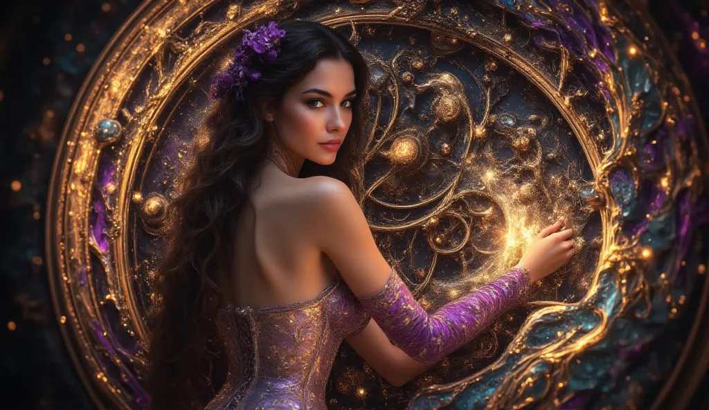 A beatiful woman in front a big clock, her corset laced tight as she leans over an enormous brass timepiece, her cleavage brushing against the delicate gears. The candlelight flickers in her deep brown eyes as she adjusts a tiny cog with a golden screwdriv...