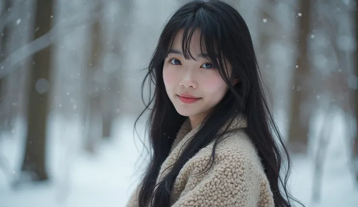 High quality. A real Oriental Japanese girl with 18 years old with beyond floor length black hair and see her "whole" body wearing thick lambswool traditional Fukuoka standing nearby hot springs inside the forest, must see her whole body. The scenario of f...